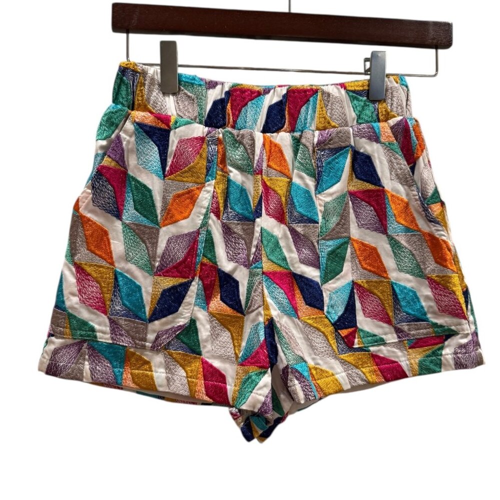 Wila Story Womens XS Embroidered Geometric Diamond Shorts Multi Color USA‎ Made